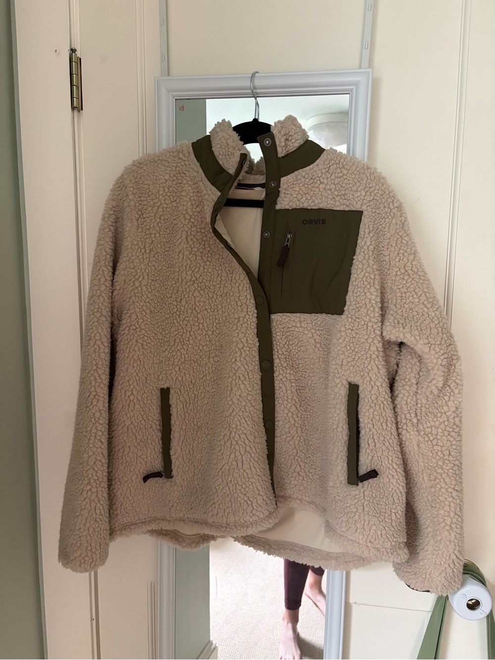 Orvis Beige Sherpa Fleece Jacket with Olive Trim, XL